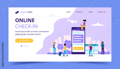 Online check-in landing page, concept illustration with smartphone, boarding pass. Small people doing various tasks.