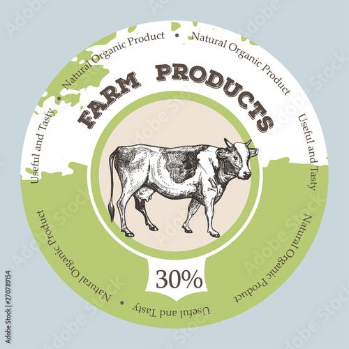 Vector image of a cow in vintage style. Round background for design of agricultural products.