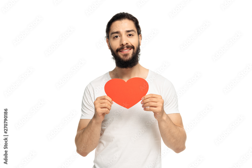 happy latin man holding red heart-shape carton isolated on white happy latin man holding red heart-shape carton isolated on white