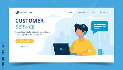 Customer service landing page. Man with headphones and microphone with laptop. Concept illustration for call center.