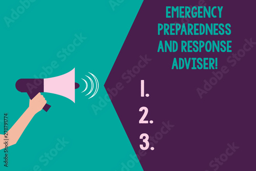 Writing note showing Emergency Preparedness And Response Adviser. Business photo showcasing Be prepared for emergencies Hu analysis Hand with Megaphone Sound Effect icon Text Space © Artur