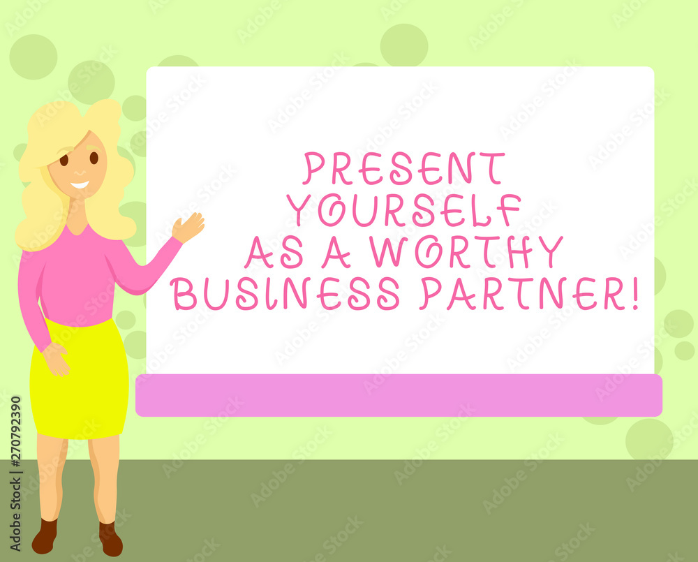 Conceptual hand writing showing Present Yourself As A Worthy Business Partner. Business photo showcasing Good introduction of yourself Female Hu analysis Presenting Rectangular Blank Whiteboard Conceptual hand writing showing Present Yourself As A Worthy Business Partner. Business photo showcasing Good introduction of yourself Female Hu analysis Presenting Rectangular Blank Whiteboard