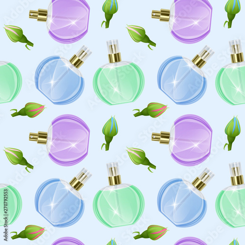 Seamless Endless Pattern with Print of perfume bottles and roses in cartoon style Can be used in food industry for wallpapers, wrapping paper, wedding cards.