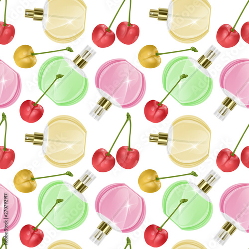 Seamless Endless Pattern with Print of perfume bottles and cherrys in cartoon style Can be used in food industry for wallpapers, wrapping paper, wedding cards.