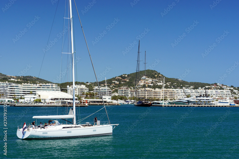 Yachts on the background of Marina Botafoch.Ibiza Island.Spain.