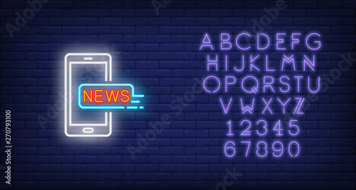 Smartphone with news inscription neon sign. Glowing smartphone message about latest news on dark blue brick background. Vector illustration for news, broadcasting, modern technology, reporting