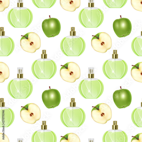 Seamless Endless Pattern with Print of perfume bottles and green apples in cartoon style Can be used in food industry for wallpapers, wrapping paper, wedding cards. Vector EPS 10 illustration