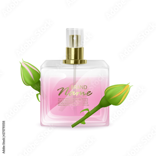 Perfume bottle mockup on white background, Cosmetic glass bottle with the scent of roses in 3d illustration for design use