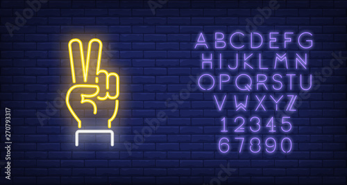 Victory gesture neon sign. Luminous signboard with hand showing two fingers. Night bright advertisement. Vector illustration in neon style for peace and body language