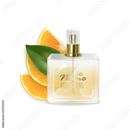 Promo banner of luxury perfume brand. Realistic glass bottle on White background with citrus fruit. Vector EPS 10 illustration