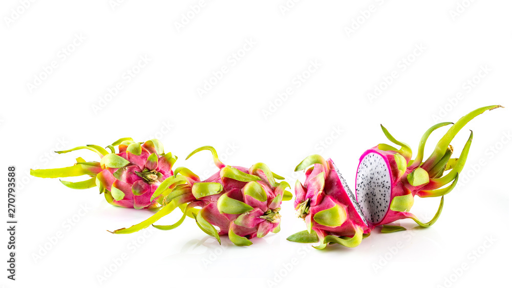 Whole Red Dragon Fruits Isolated on White Background, Pitaya pieces set isolated on white background as package design element
