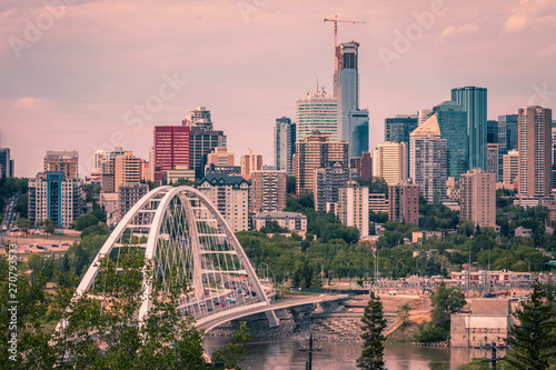 Edmonton, Alberta, Canada - Walterdale Bridge and Several Skyscrapers of Edmonton downtown at sunset