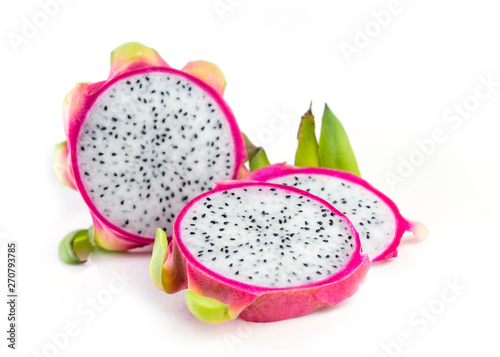 Whole Red Dragon Fruits cut in half Isolated on White Background, Flesh in dragon fruit