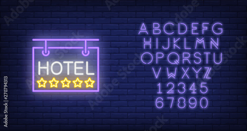Five-star hotel neon sign. Luminous signboard hanging against brick wall. Night bright advertisement. Vector illustration in neon style for accommodation and service