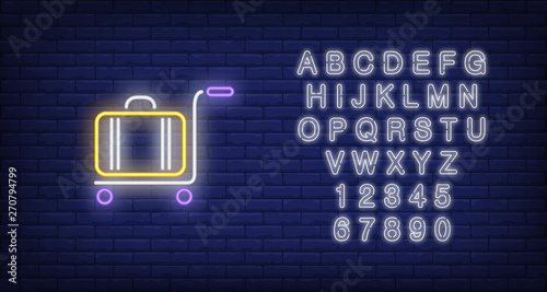 Baggage cart neon sign. Glowing sign of suitcase on baggage cart. Bright neon billboard for information banner. Vector illustration for information desk in airport and luggage area.
