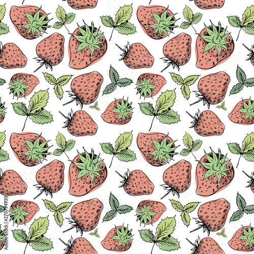 Strawberry sketch pattern. Hand-drawn red strawberry berries with green leaves on white background. Wallpaper pattern, doodle of strawberry. Seamless backdrop.