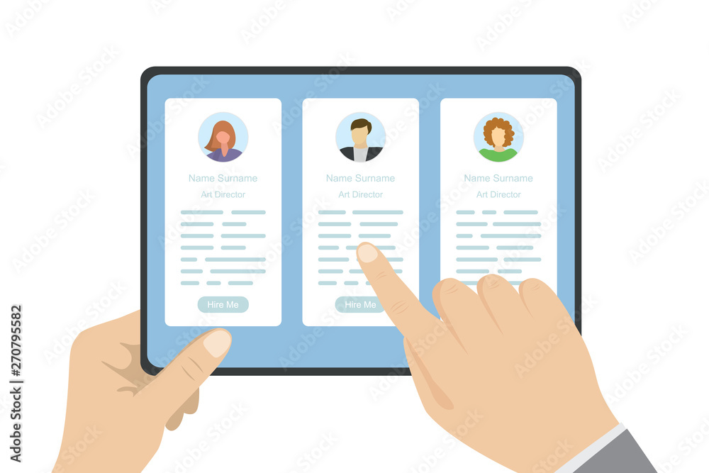 Hands holding tablet pc,three cv resume on screen,application template, Hands holding tablet pc,three cv resume on screen,application template,
