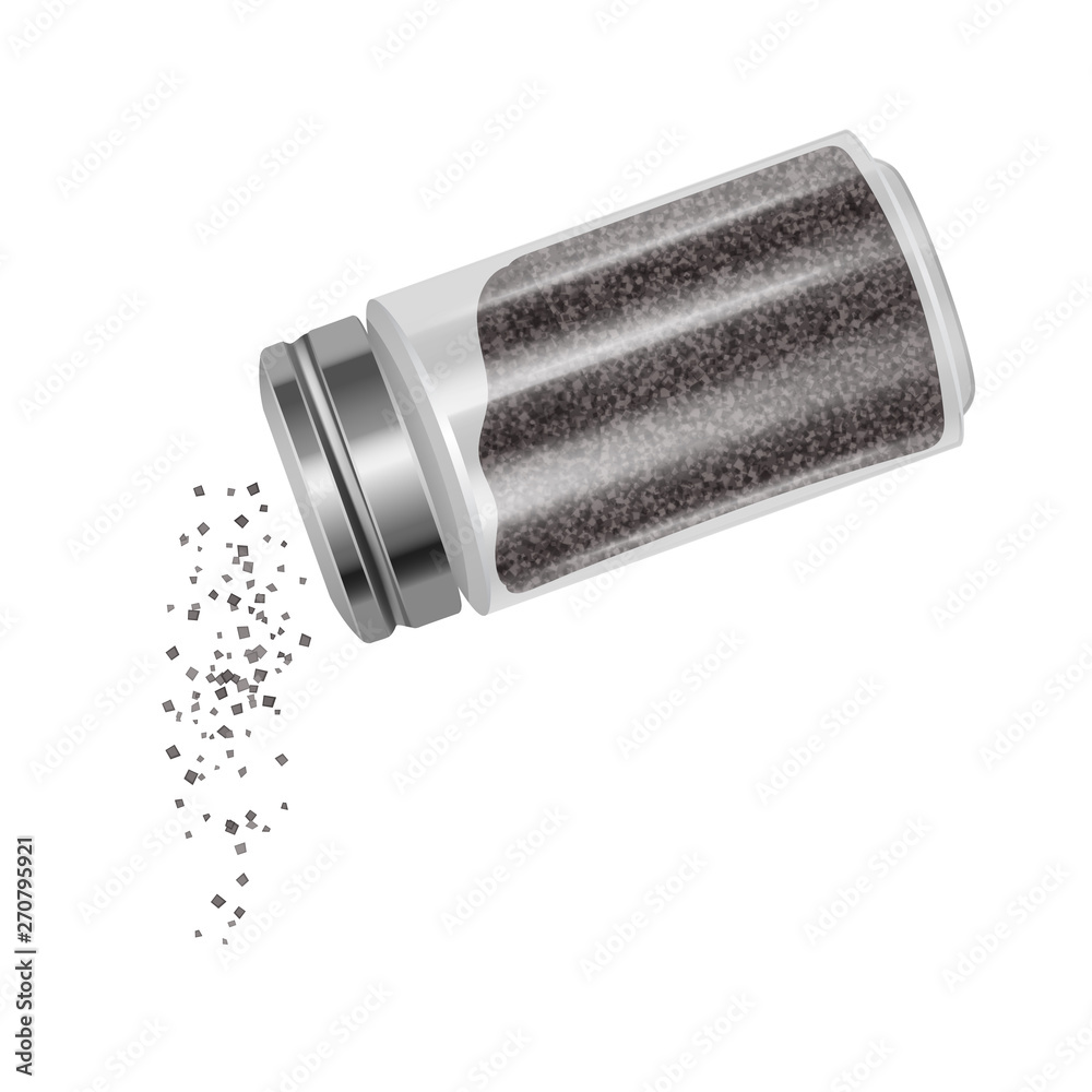 Transparent pepper shaker with metal lid, pouring ground pepper. Vector illustration Realistic 3D icon isolated on white. Transparent pepper shaker with metal lid, pouring ground pepper. Vector illustration Realistic 3D icon isolated on white.