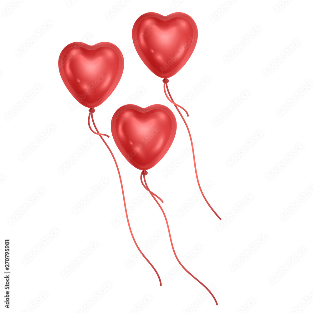 Set of red heart shaped balloons, balloons on white background, realistic vector illustration, Party decorations for birthday or Valentine's Day Set of red heart shaped balloons, balloons on white background, realistic vector illustration, Party decorations for birthday or Valentine's Day