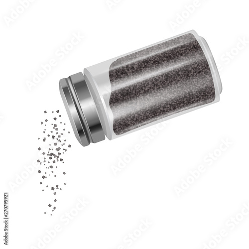 Transparent pepper shaker with metal lid, pouring ground pepper. Vector illustration Realistic 3D icon isolated on white.