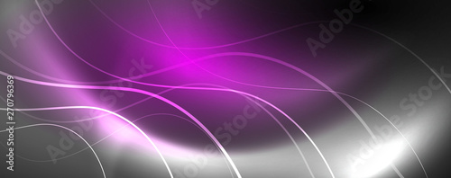 Shiny neon lights, dark abstract background with blurred magic neon light curved lines