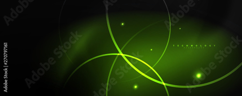 Dark abstract background with bright color neon lights and lines. Glowing background