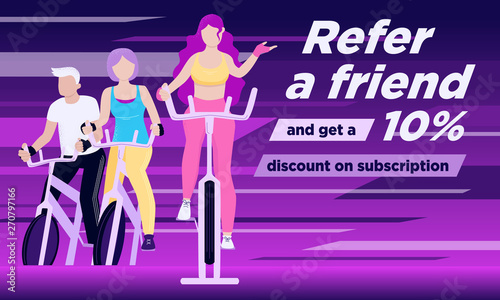 Vector Refer a friend discount,banner with group of people on exercycles in spinning class.