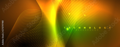 Shiny neon lines template - northern lights glowing blur lines. Futuristic style glow neon 80s disco club or night party techno template
