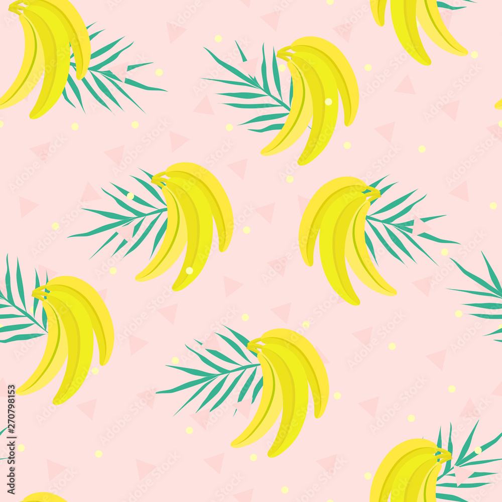 Fototapeta premium Vector seamless pattern with banana, tropical leaves, dots and triangles. Exotic food background. For restaurant or cafe menu, design banners, wrapping paper, print on clothes, wallpaper.