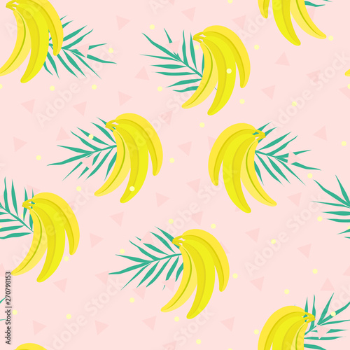 Vector seamless pattern with banana, tropical leaves, dots and triangles. Exotic food background. For restaurant or cafe menu, design banners, wrapping paper, print on clothes, wallpaper.