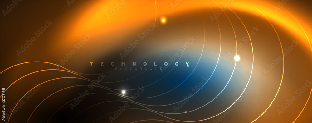 Trendy neon blue abstract design with waves and circles. Neon light glowing effect. Abstract digital background. Trendy neon blue abstract design with waves and circles. Neon light glowing effect. Abstract digital background.