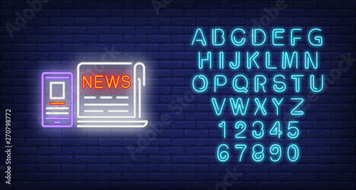 Laptop and smartphone with news neon sign. Glowing neon laptop and phone on dark blue brick background. Vector illustration for news, broadcasting, reporting