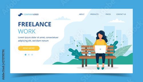 Freelance work page template. Woman working with laptop in the park. Illustration for freelancing, remote work.