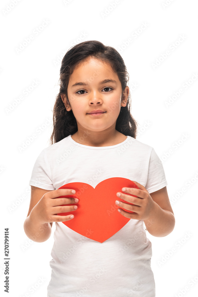 cute latin kid holding red heart-shape carton isolated on white cute latin kid holding red heart-shape carton isolated on white