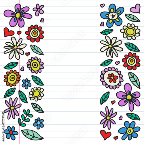 Vector set of child drawing flowers icons in doodle style. Painted, colorful, pictures on a piece of linear paper on white background.