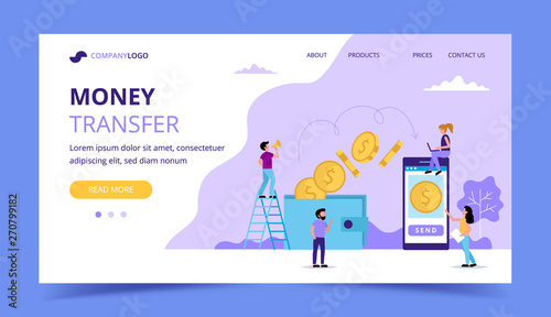 Money transfer landing page, concept illustration for sending money from wallet to smartphone.