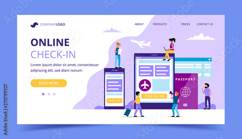 Online check-in landing page, concept illustration with smartphone, tablet, boarding pass. Small people characters.