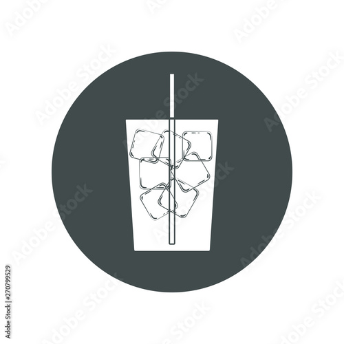 Vector icon of drink with ice cubes in a glass with straw. Trasparent, no fill on cup. Isolated in circle.