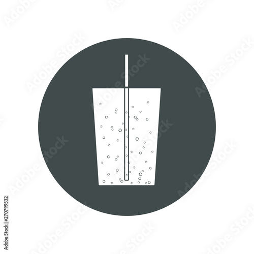 Vector icon of soda pop, sparkling water in a glass with straw. Trasparent, no fill on cup. Isolated in circle.