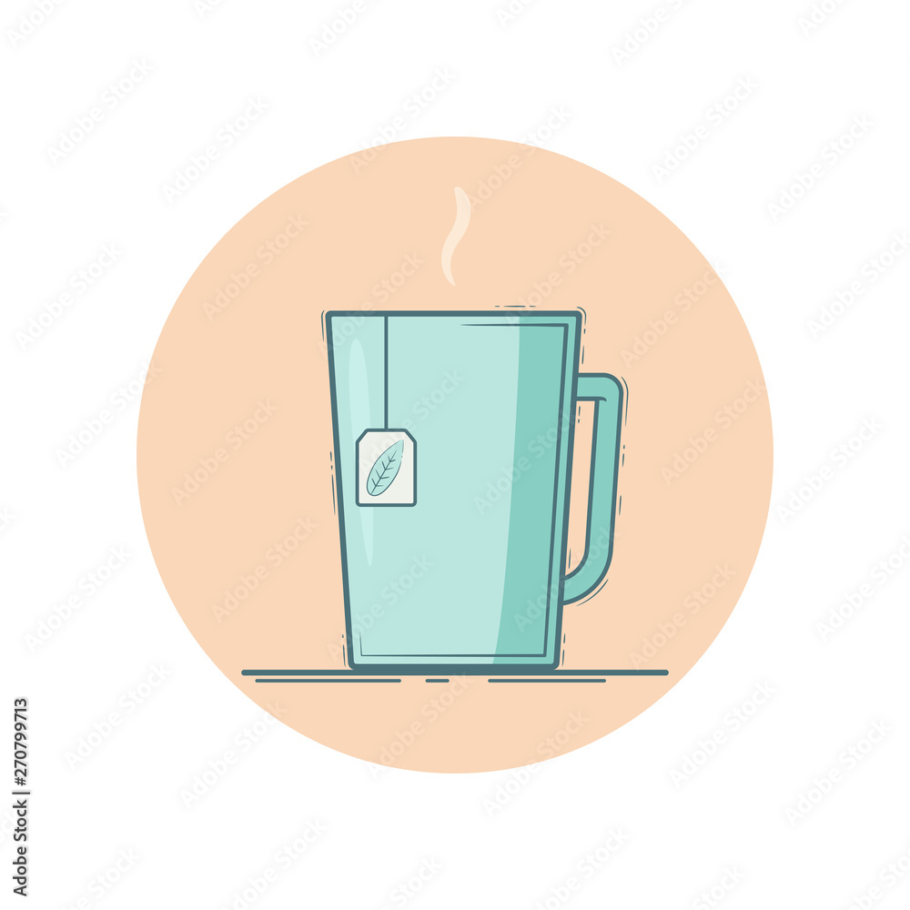 Vector icon of a mug with tea bag and steam. Isolated in circle. Flat design. Mint color. Vector icon of a mug with tea bag and steam. Isolated in circle. Flat design. Mint color.