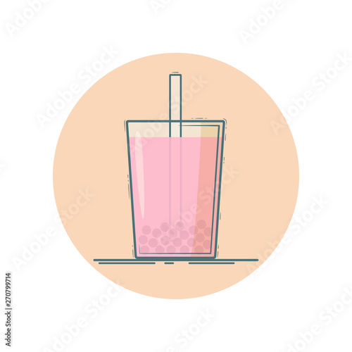 Vector icon of bubble tea in a glass with straw. Isolated in circle. Flat design. Pink color.