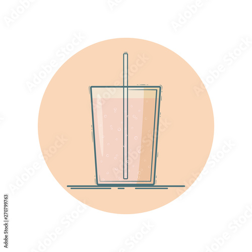 Vector icon of glass with soda pop, sparkling water. Isolated in circle. Flat design.