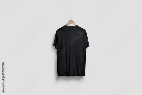 Blank soft gray T-Shirt Mock-up hanging on white wall,back side view. Ready to replace your design.3D rendering