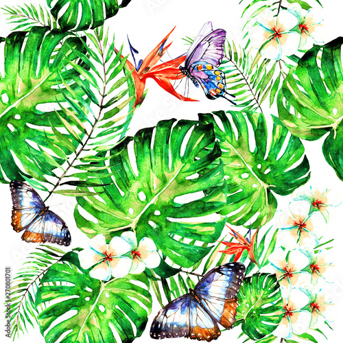 beautiful  flowers ,pattern,palm leaves, watercolor on a white