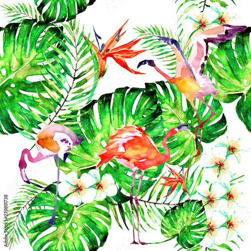 pink flamingos ,pattern,palm leaves, watercolor on a white © aboard