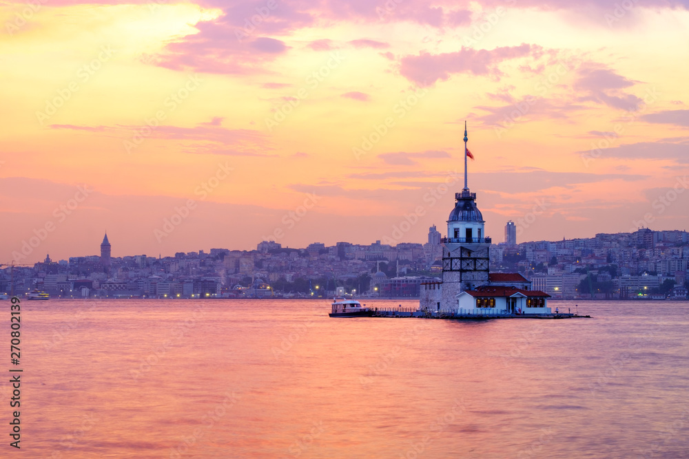 Sunset in Istanbul, Turkey. View of the Maiden Tower and the Bosphorus