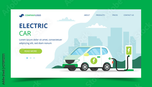 Electric car charging landing page - concept illustration for environment, ecology, sustainability, clean air, future.