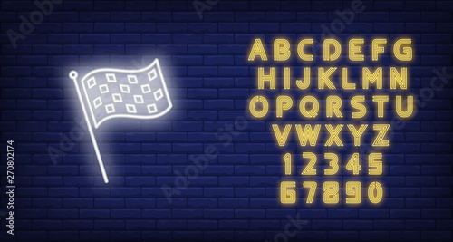 Finish black and white flag neon sign. Glowing neon banneret on dark blue brick background. Vector illustration for games, computer systems, competitions
