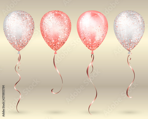 Flying glossy white and pink shiny realistic 3D helium balloons with gold ribbon and glitter sparkles, perfect decoration for birthday party brochures, invitation card or baby shower