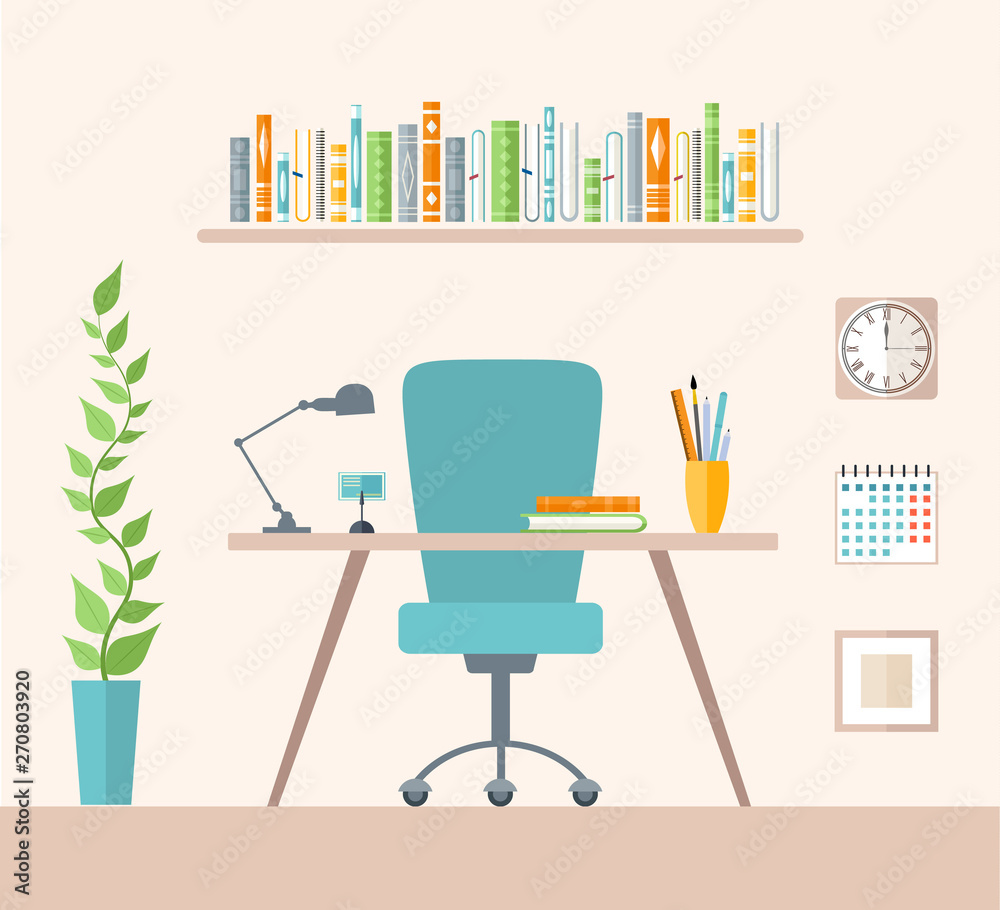 Design a study in a flat style. Office with desktop, furniture and bookshelf with books. Vector interior of the parlor. Head office. Design a study in a flat style. Office with desktop, furniture and bookshelf with books. Vector interior of the parlor. Head office.